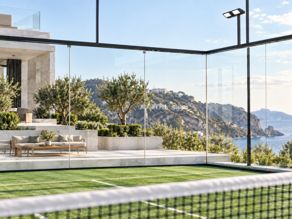 Outdoor-Padel-Court mit Glaswänden und Kunstrasen neben einer Terrasse mit Meerblick