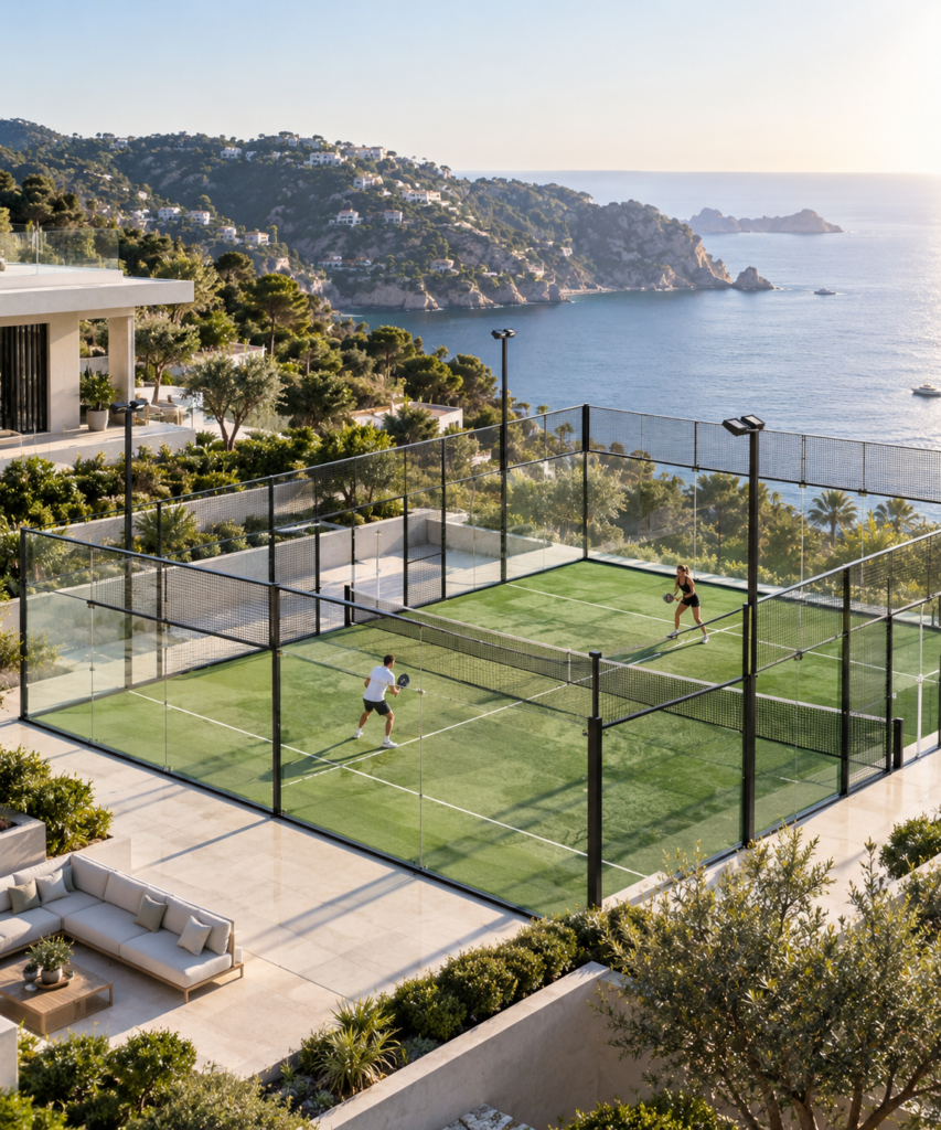 Zwei Spieler auf einem Outdoor-Padel-Court mit Glas- und Gitterwänden, von oben gesehen