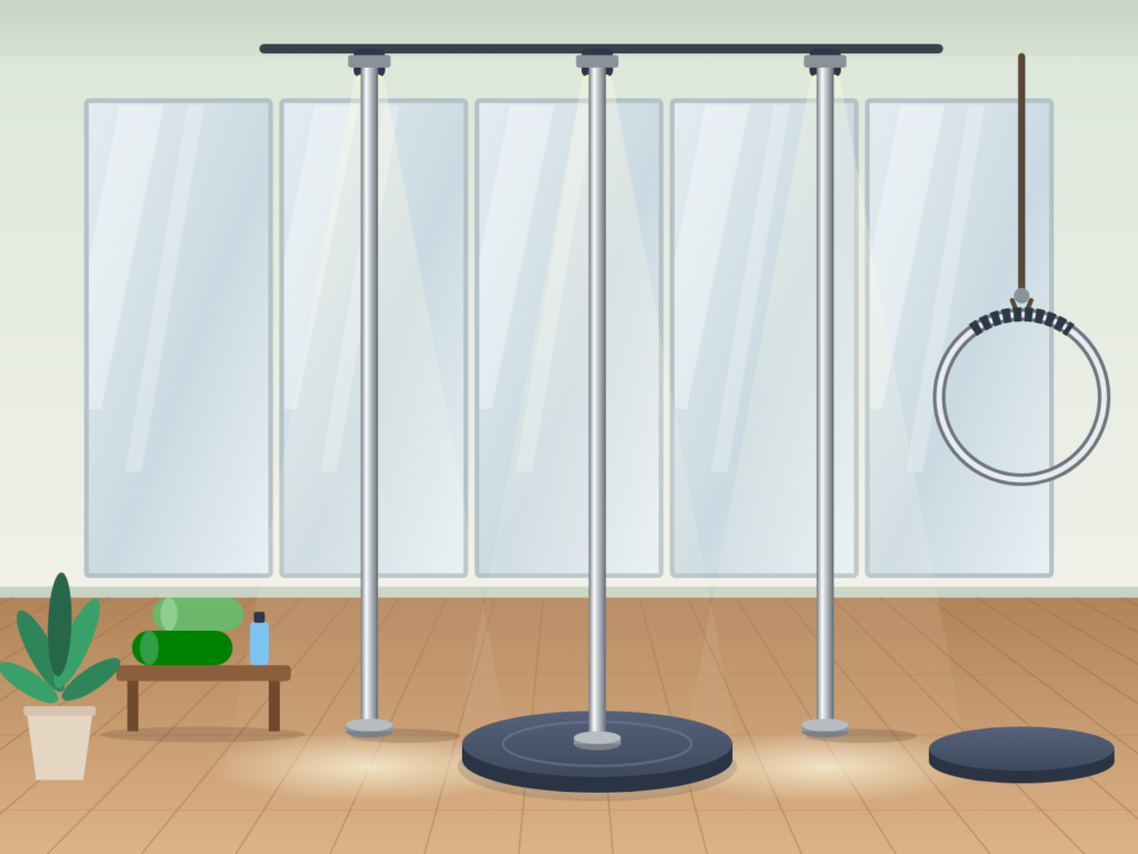 Pole Dance Versicherung: Illustration eines Pole-Studios mit Chrom-Stangen, Crashmatte, Aerial Hoop und Spiegelwand